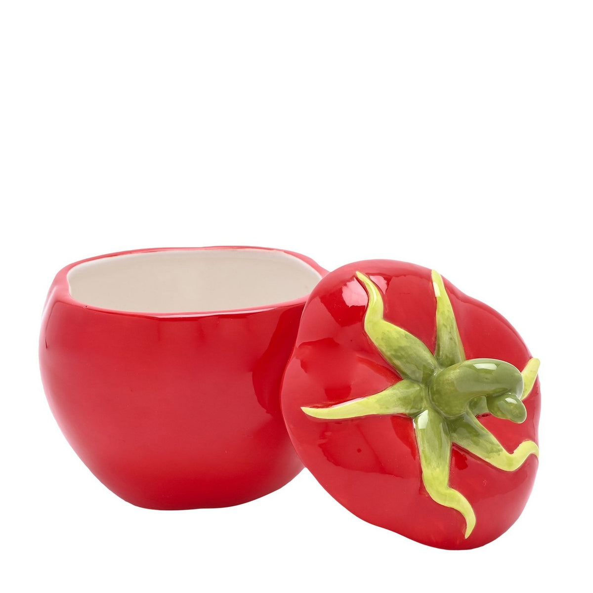 Tomato Lidded Stoneware Storage Jar with Green Stalk - Red