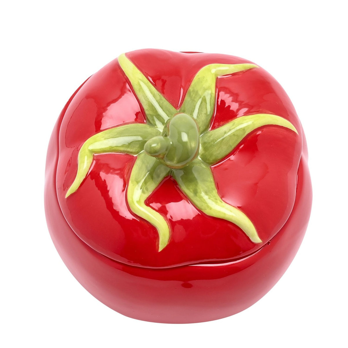 Tomato Lidded Stoneware Storage Jar with Green Stalk - Red