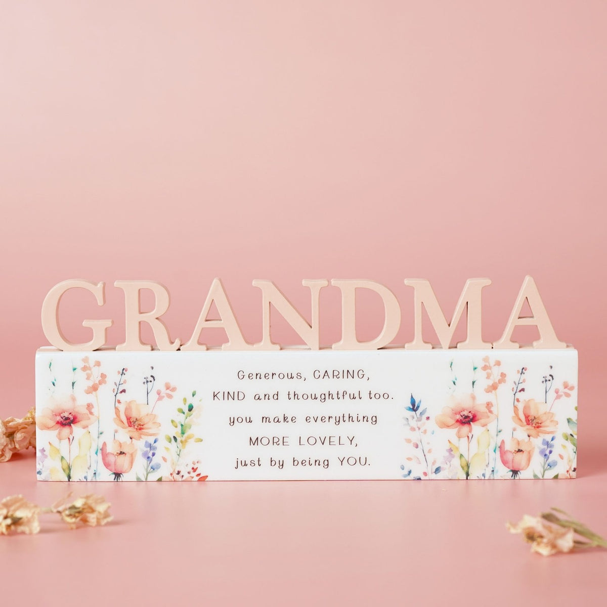 Grandma Floral Word Freestanding Wooden Verse Plaque - Peach