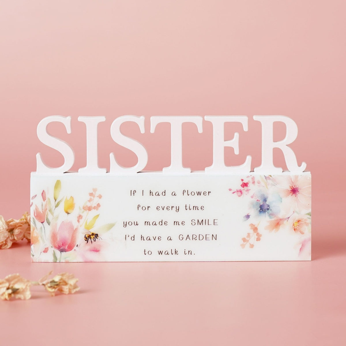 Sister Floral Word Wooden Wall Art with Garden Verse - Pink