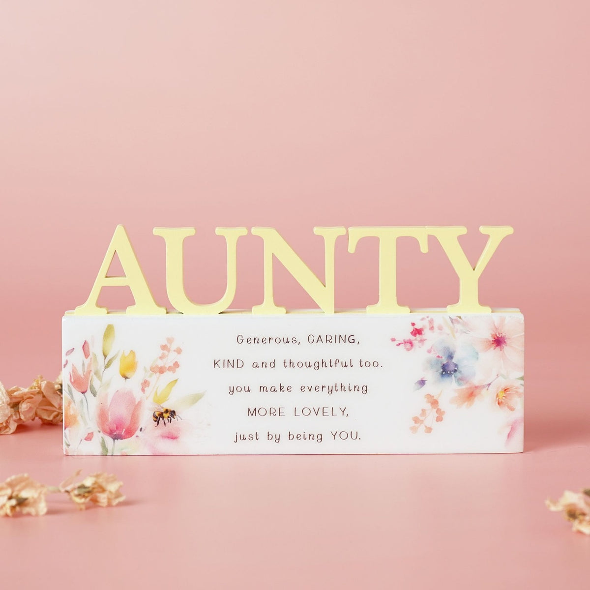 Aunty Floral Verse Word Wooden Wall Art - Yellow & White