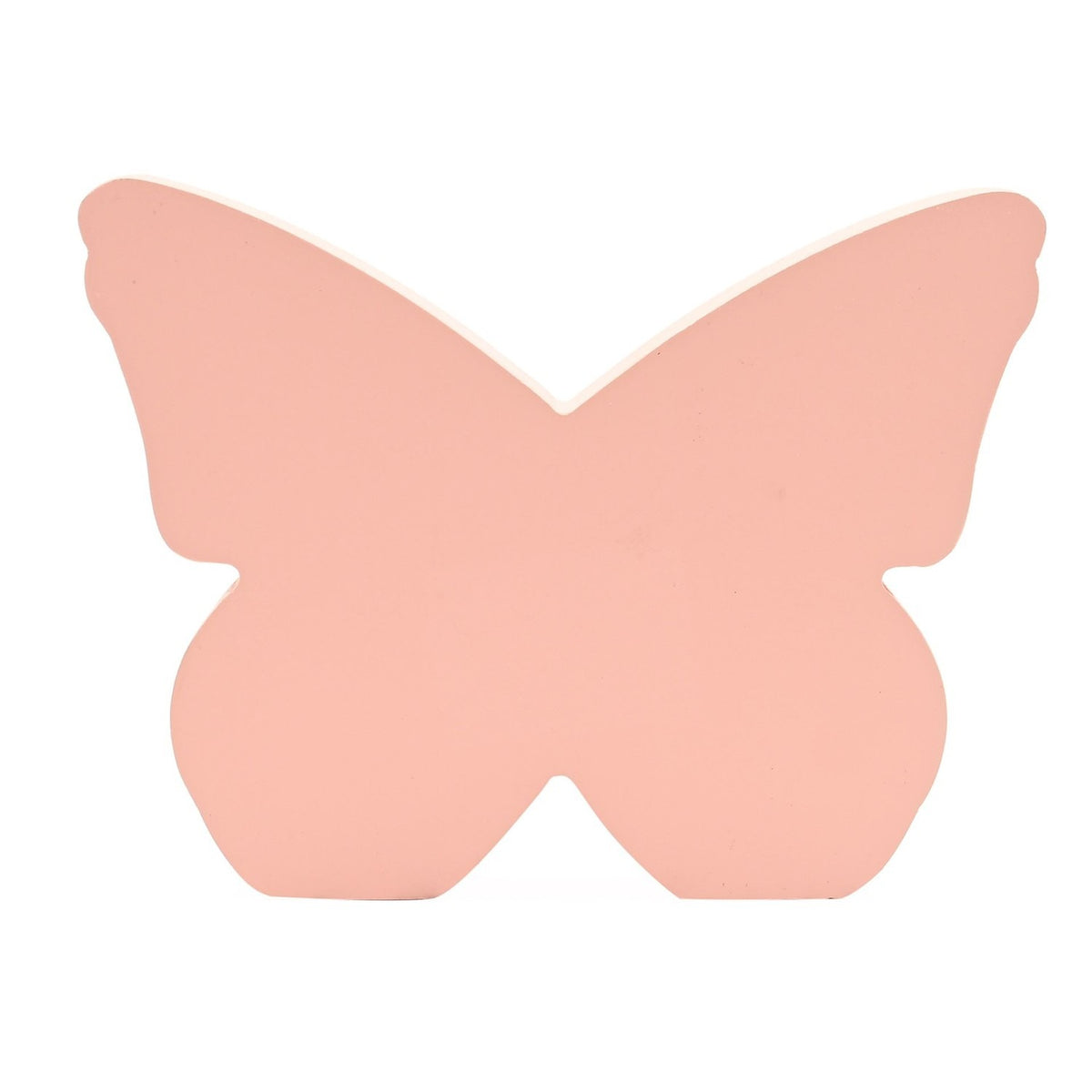 Wooden butterfly mantel decoration in plain pink with a white edge, shaped like a butterfly with upswept wings, shown on a plain white background.
