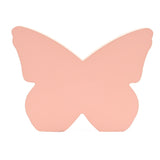 Wooden butterfly mantel decoration in plain pink with a white edge, shaped like a butterfly with upswept wings, shown on a plain white background.