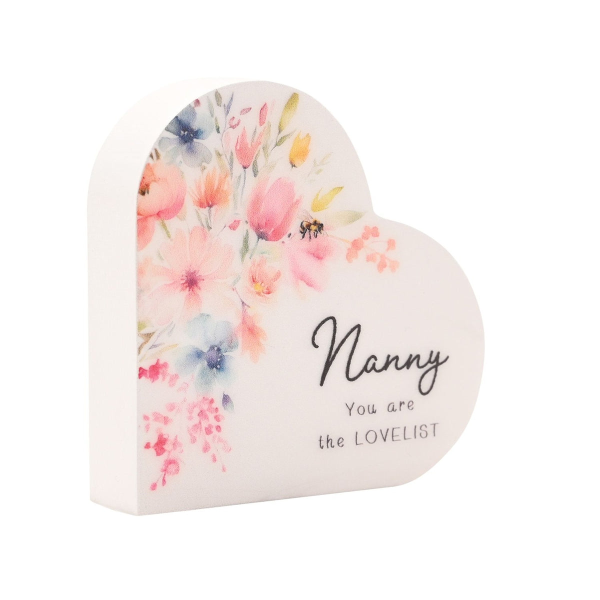 Nanny Watercolour Floral Mini Wooden Heart Plaque - White