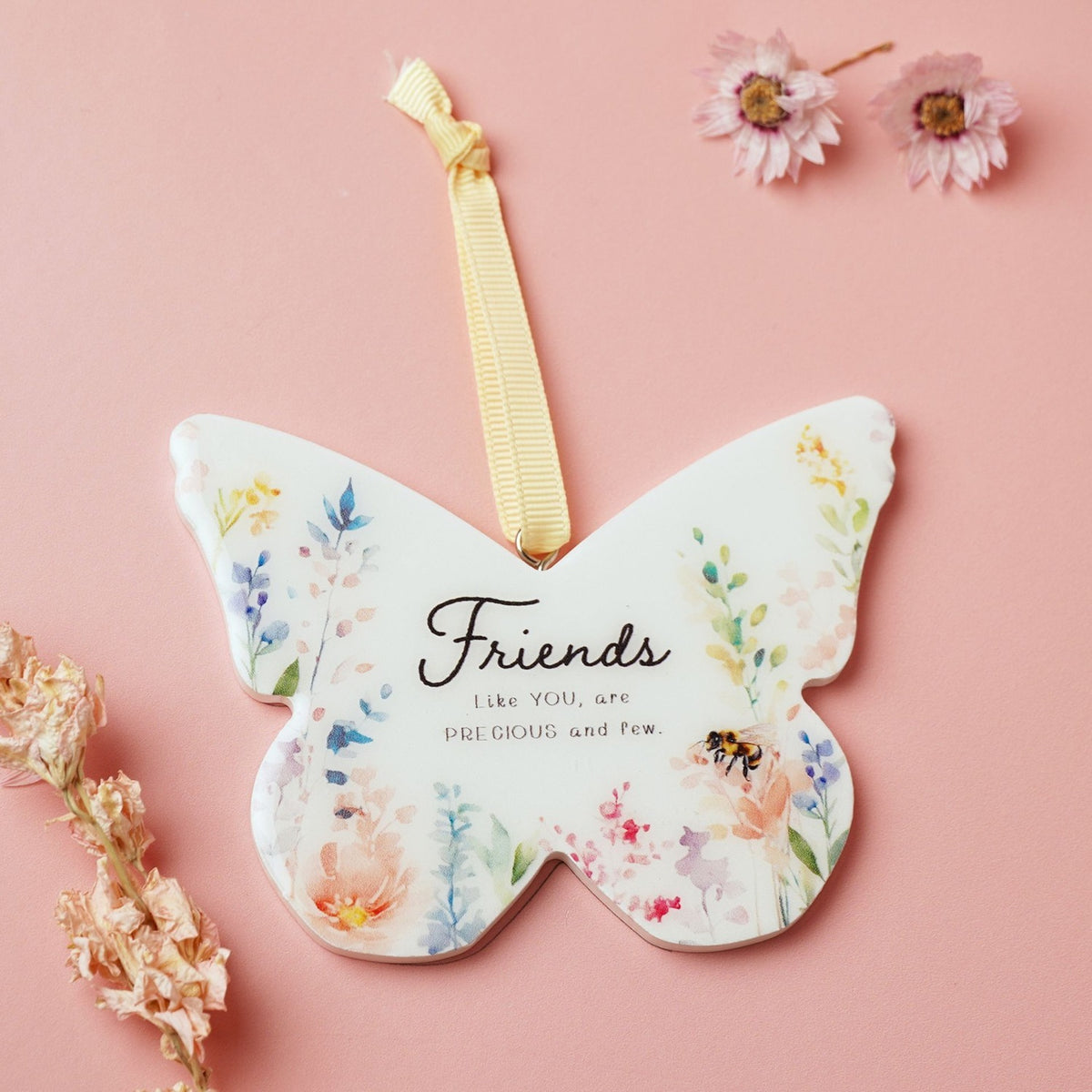 Friends Floral Butterfly Hanging Wooden Decoration - White