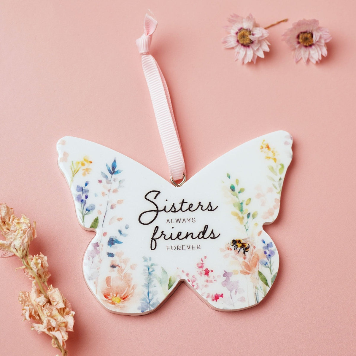 Sisters Floral Butterfly Hanging Wooden Decoration - White