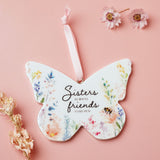 Sisters Floral Butterfly Hanging Wooden Decoration - White