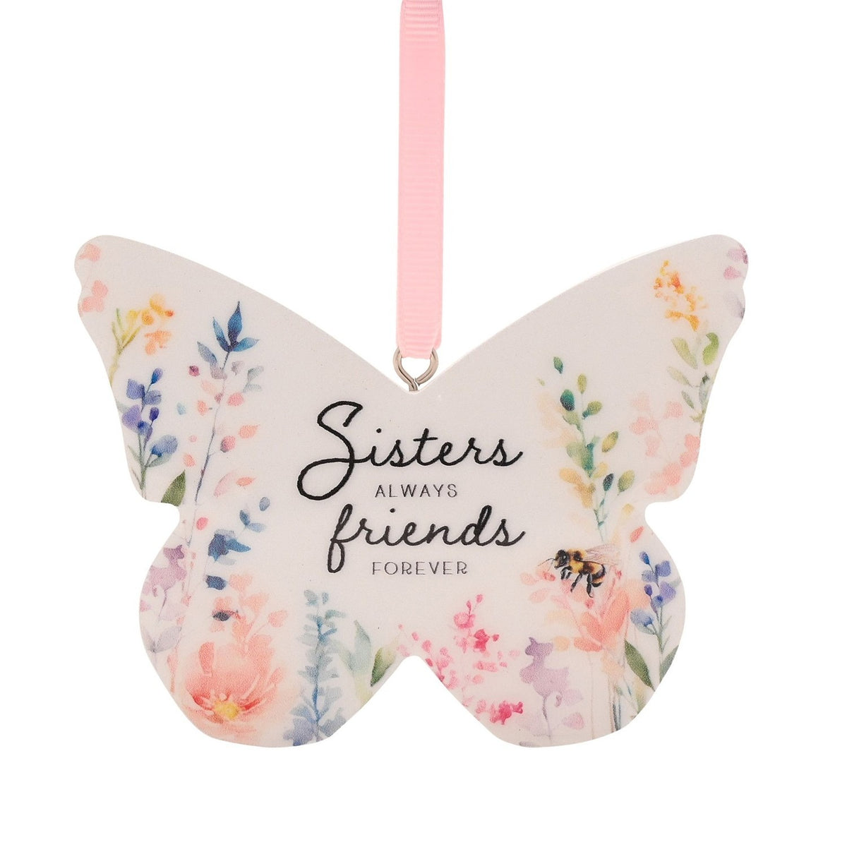 Sisters Floral Butterfly Hanging Wooden Decoration - White
