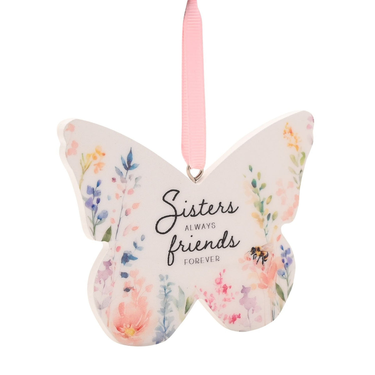 Sisters Floral Butterfly Hanging Wooden Decoration - White