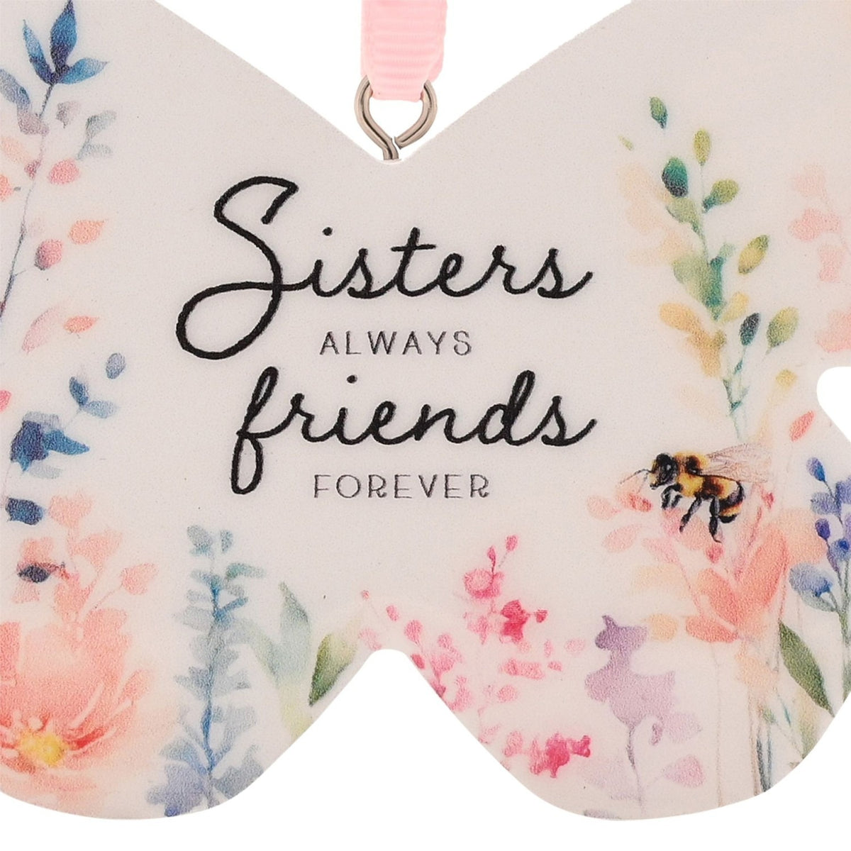 Sisters Floral Butterfly Hanging Wooden Decoration - White