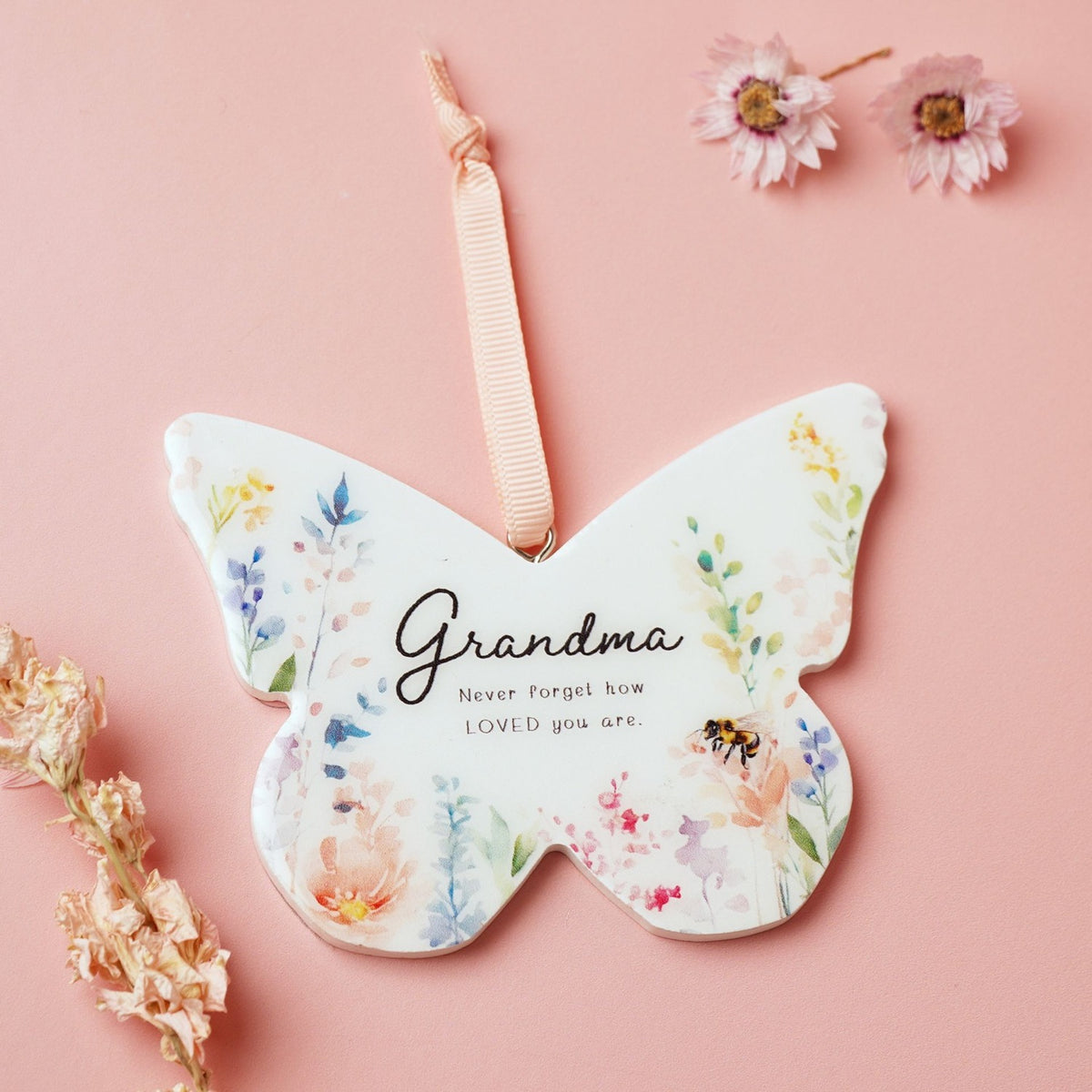 Grandma Floral Butterfly Wooden Hanging Decoration - White