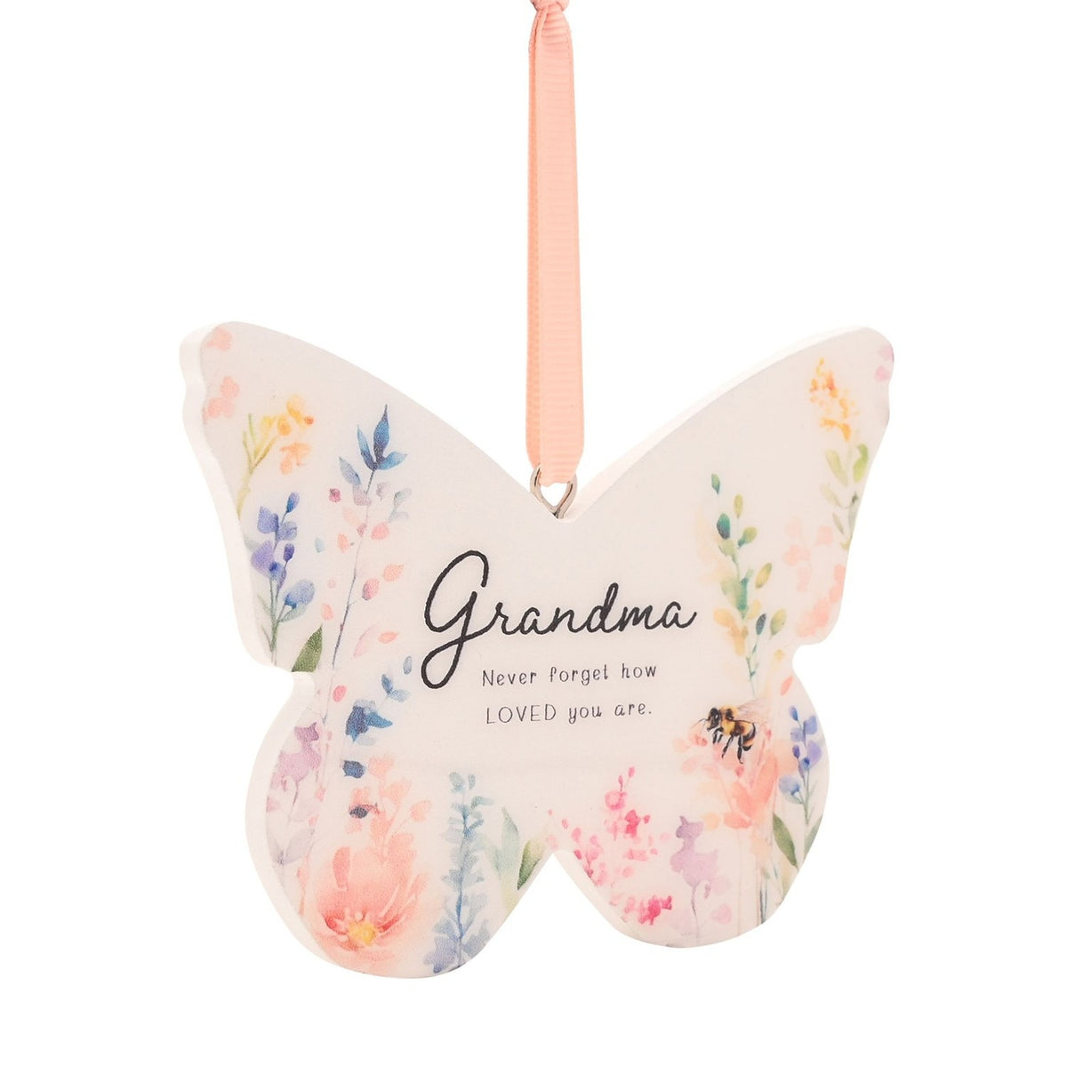 Grandma Floral Butterfly Wooden Hanging Decoration - White