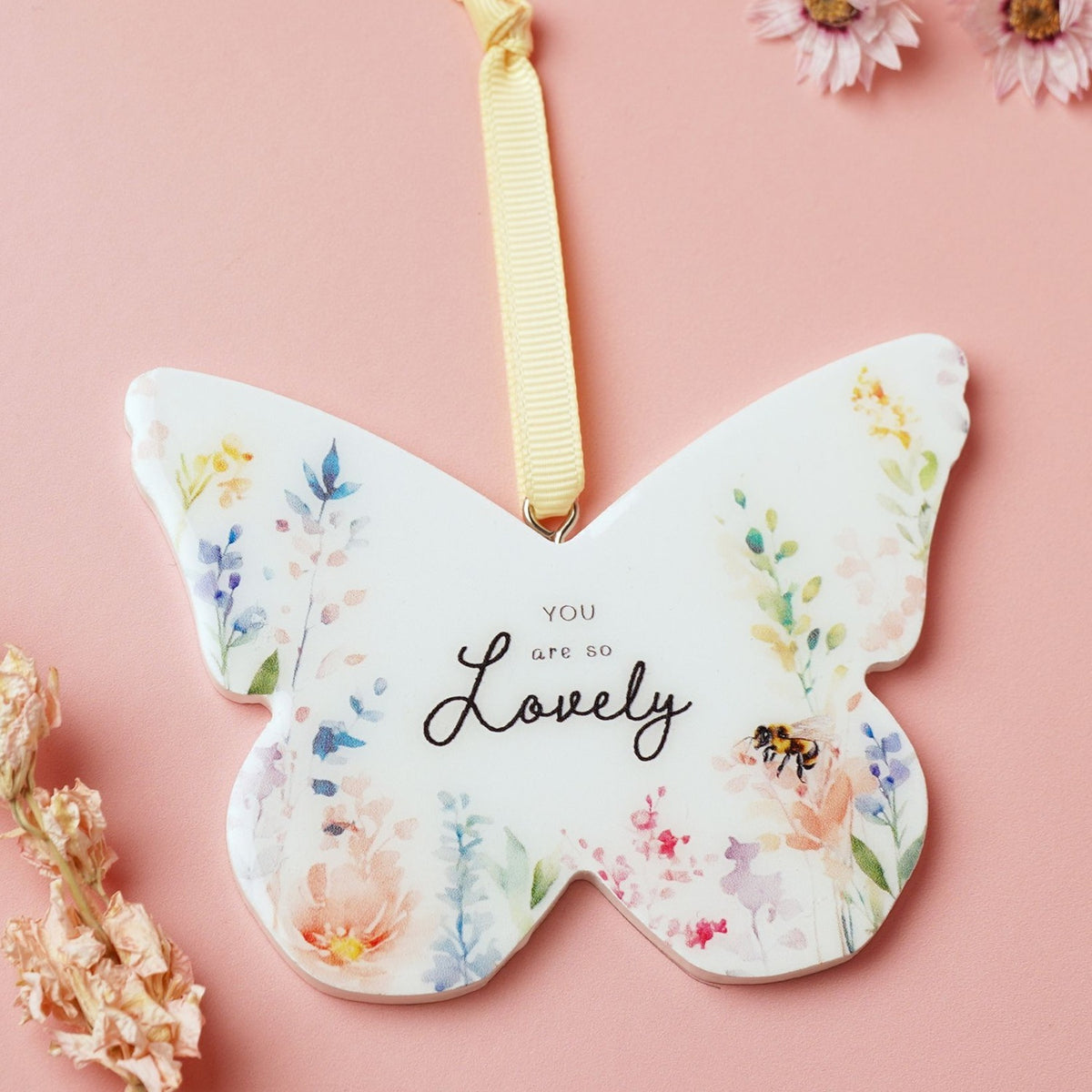 Lovely Floral Butterfly Hanging Wooden Decoration - White