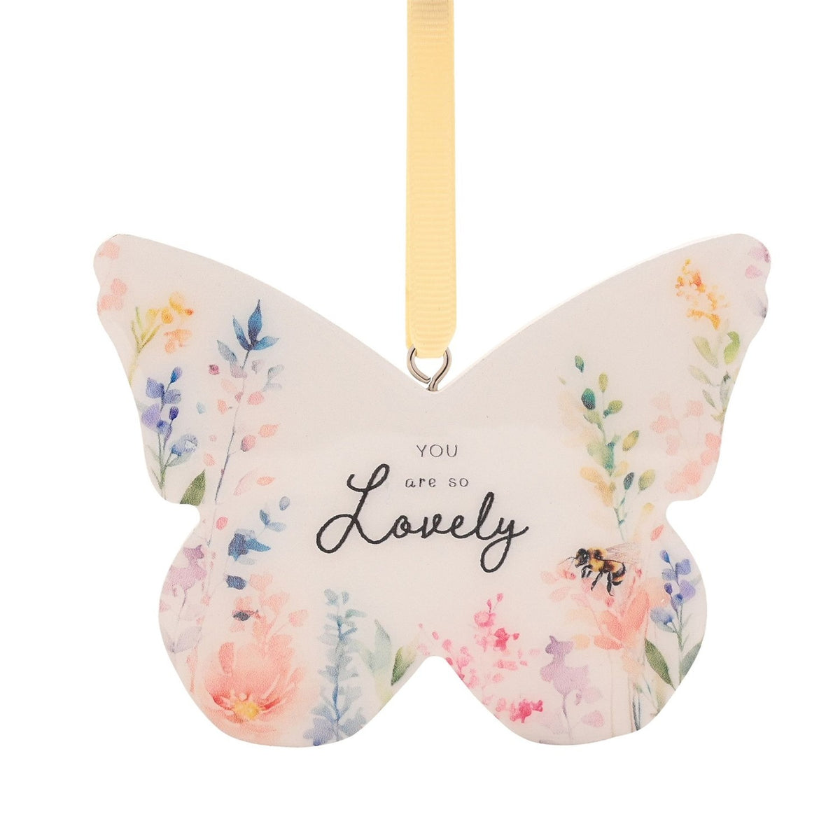 Lovely Floral Butterfly Hanging Wooden Decoration - White