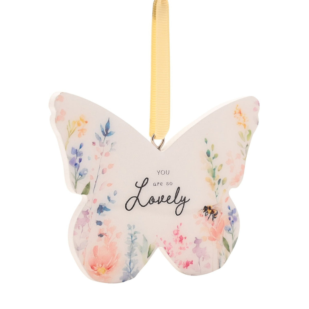 Lovely Floral Butterfly Hanging Wooden Decoration - White