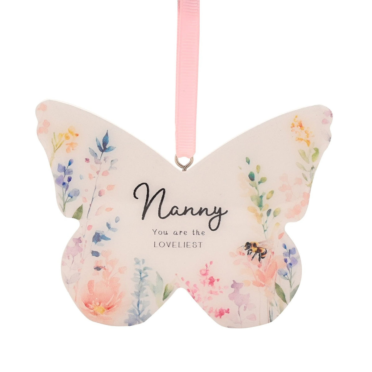 White wooden butterfly-shaped hanging decoration with pastel watercolour florals, a bee, "Nanny, You are the Loveliest" text, and pink ribbon, on a plain background.