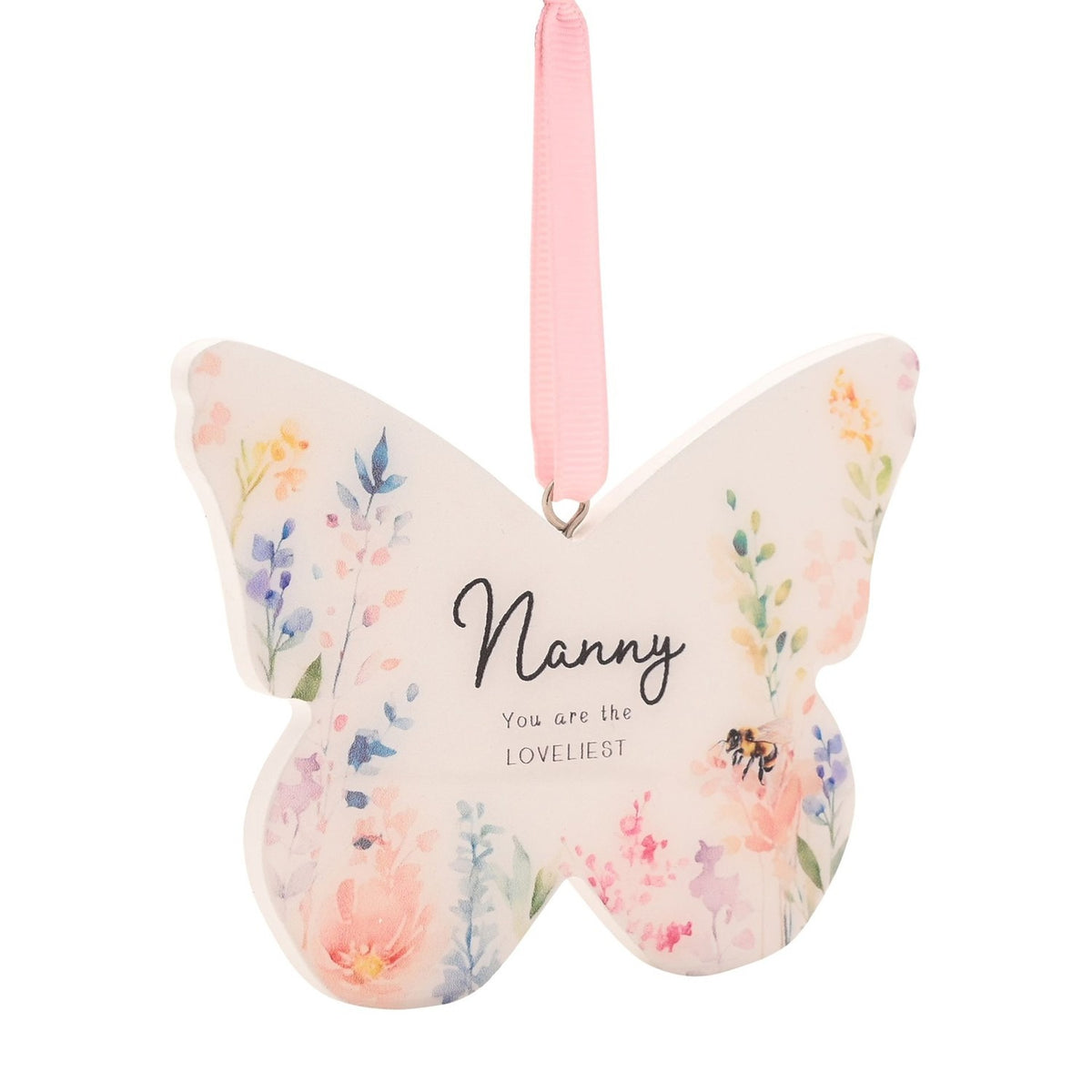 White wooden butterfly-shaped hanging decoration with pastel watercolour florals, reading "Nanny, You are the LOVELIEST", with a pink ribbon on a white background.