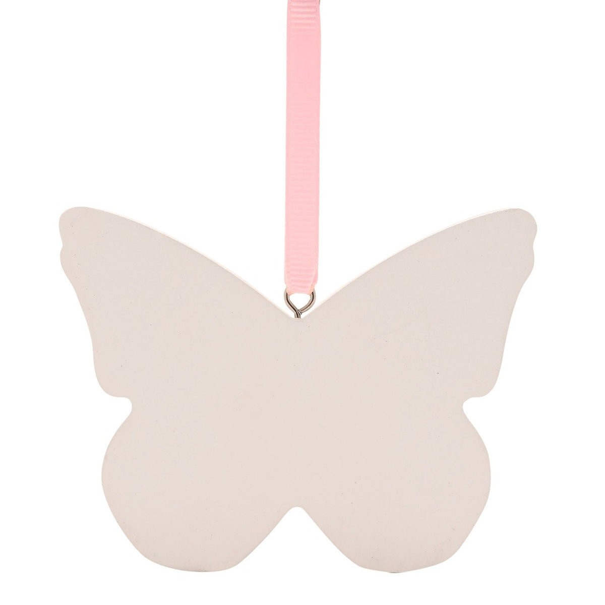White wooden butterfly-shaped hanging decoration with a pink ribbon loop, blank plain surface shown against a white background.