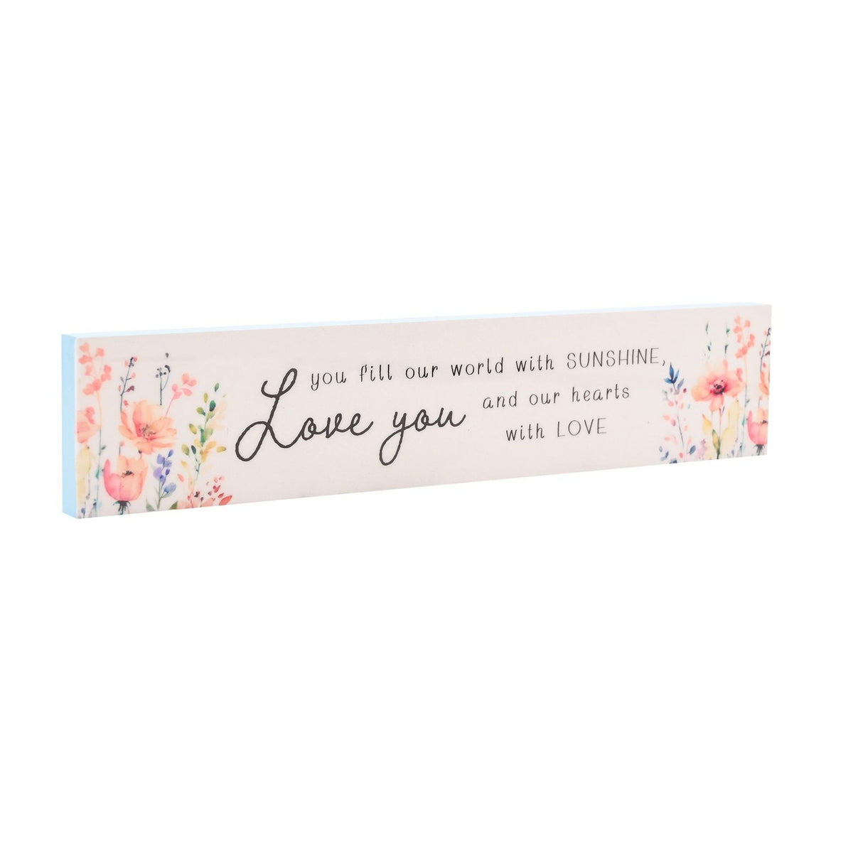 Skinny rectangular wooden wall plaque in cream with "Love you" in script and wildflower sprays in peach, coral and lilac at each end, shown on a white background.