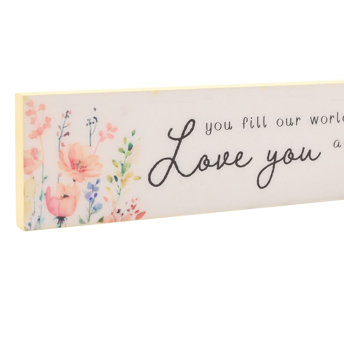 Skinny wooden wall plaque in cream and yellow, featuring watercolour wildflowers in peach, coral and lilac beside "Love you" in black script text, shown on a white background.