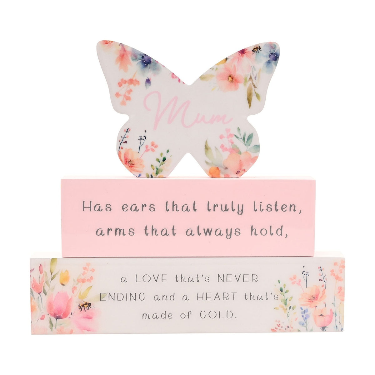 Mum Floral Butterfly Wooden Stacking Plaque - Pink & White