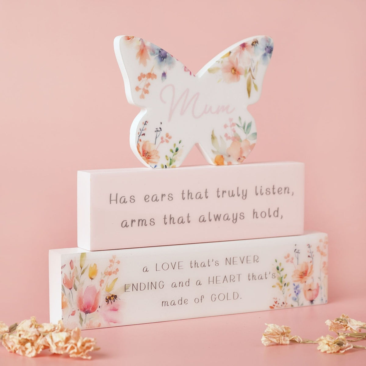 Mum Floral Butterfly Wooden Stacking Plaque - Pink & White