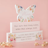 Mum Floral Butterfly Wooden Stacking Plaque - Pink & White