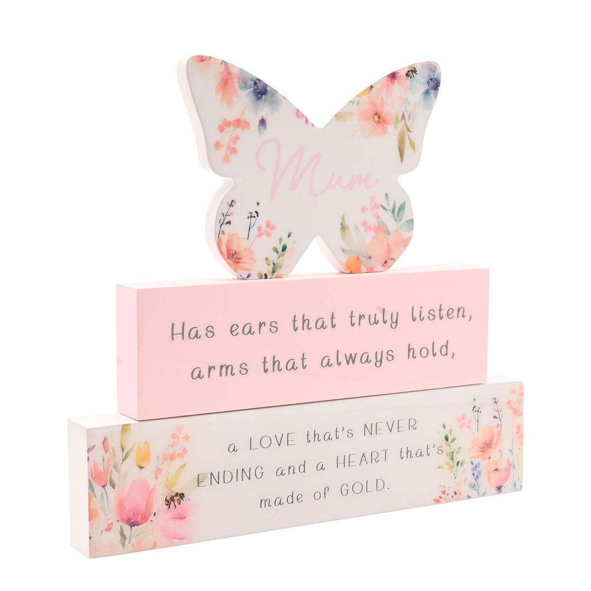 Mum Floral Butterfly Wooden Stacking Plaque - Pink & White