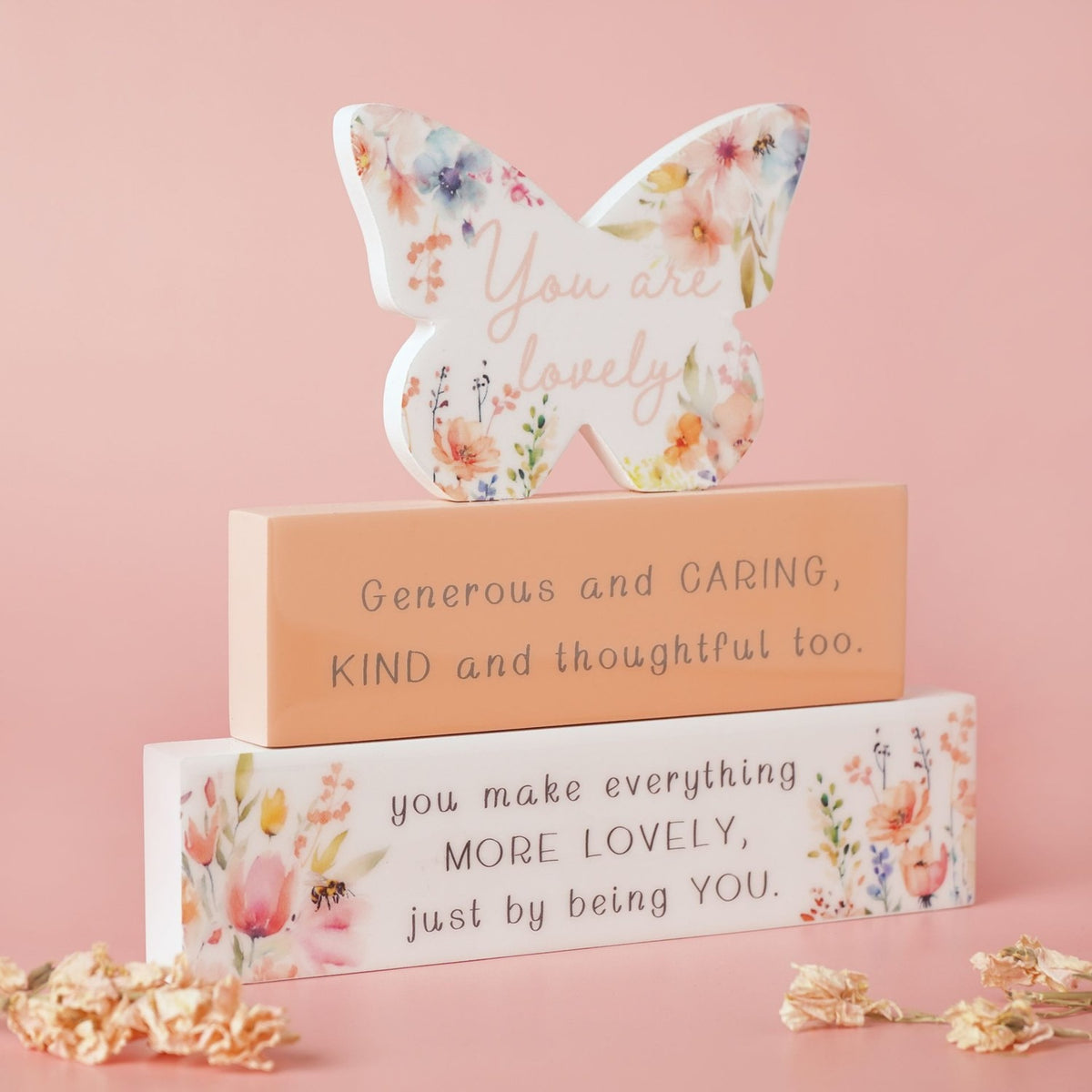 Lovely Butterfly Floral Wooden Stacking Block Plaque - White