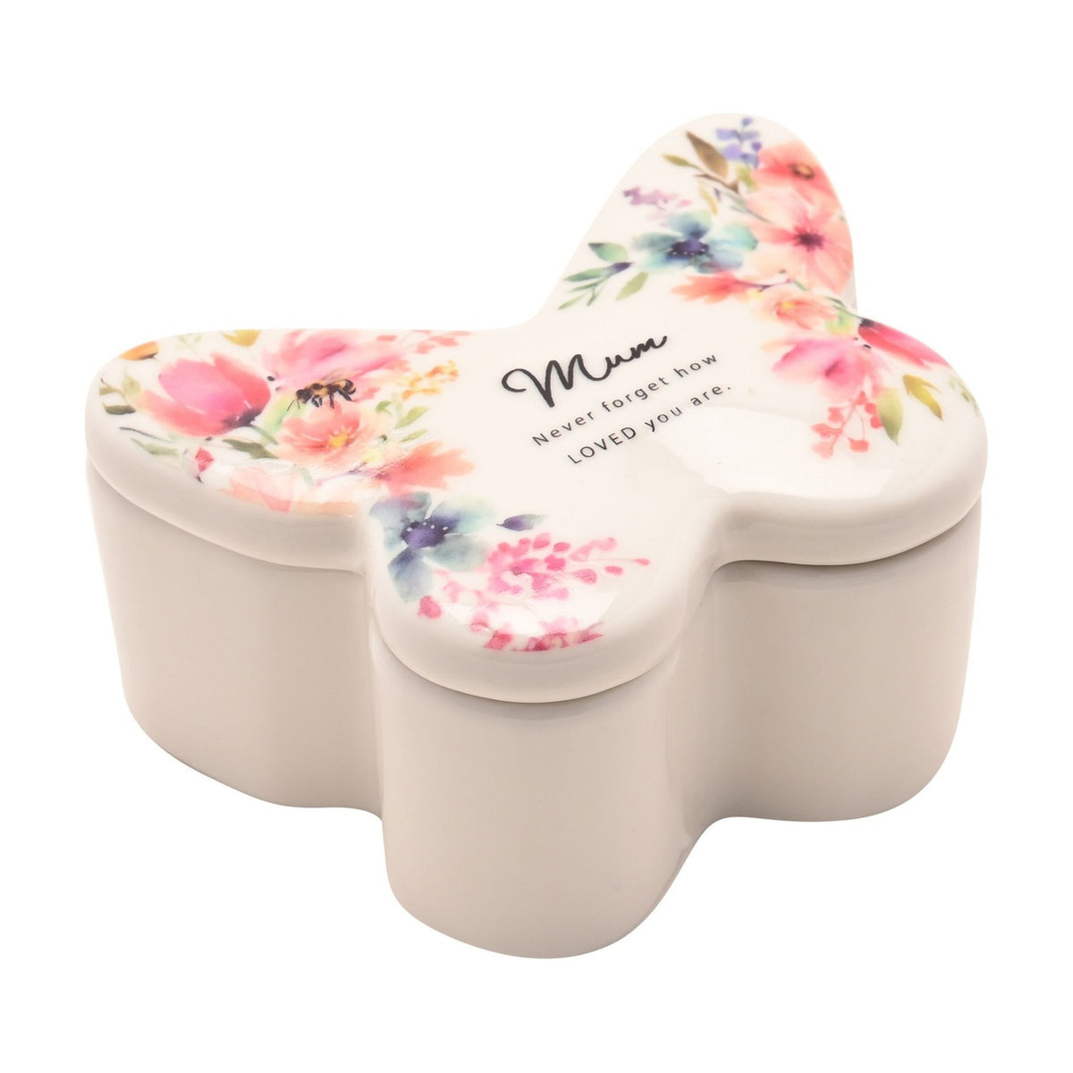 Mum Watercolour Floral Butterfly Glass Trinket Box - White