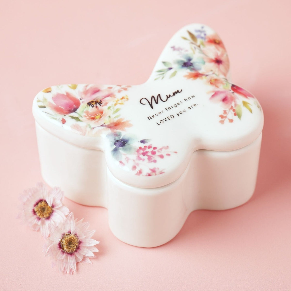 Mum Watercolour Floral Butterfly Glass Trinket Box - White