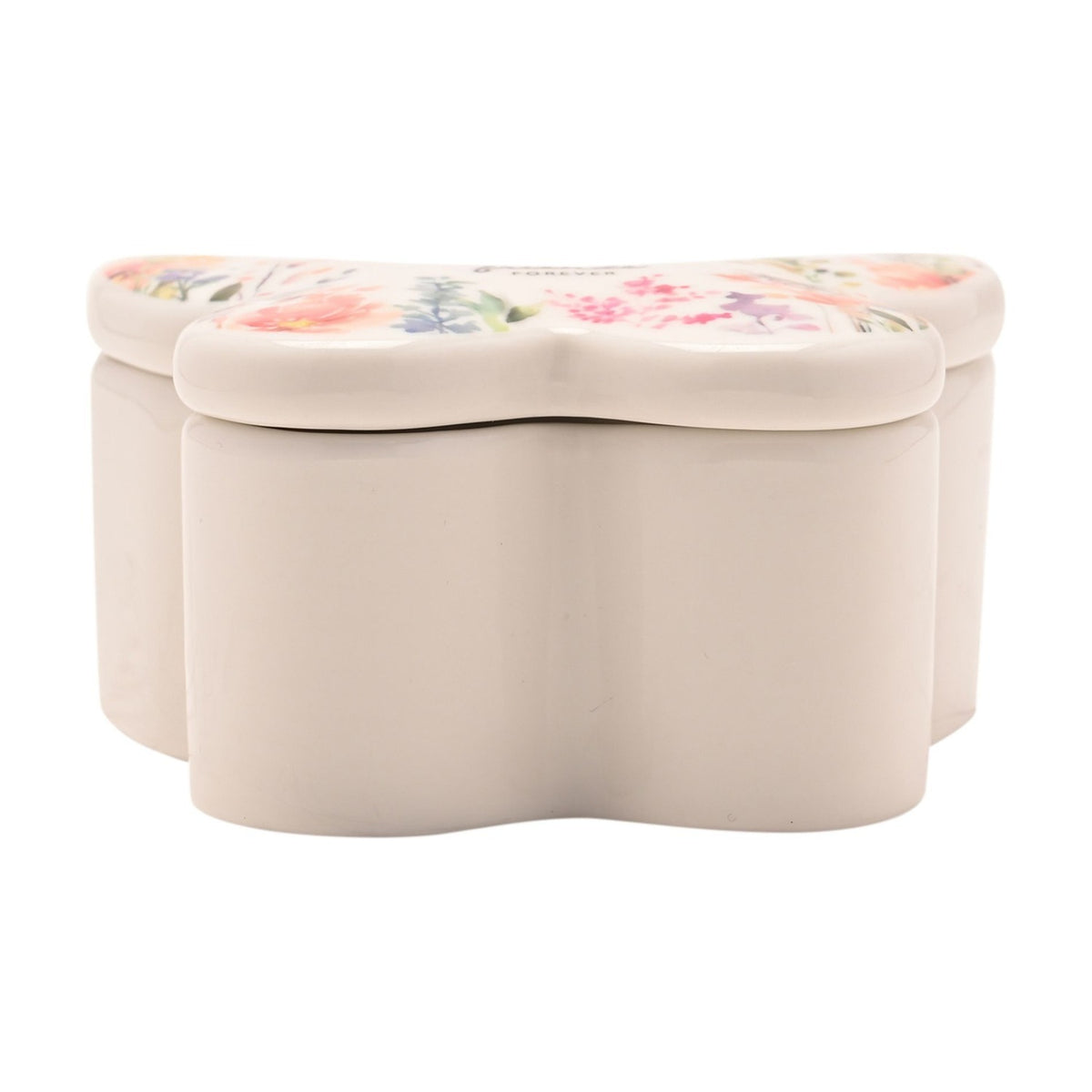 White butterfly-shaped glass trinket box with lift-off lid, floral watercolour print and "Sisters Always Friends Forever" script on top, shown on a plain white background.