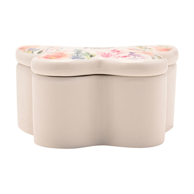 White butterfly-shaped glass trinket box with lift-off lid, floral watercolour print and "Sisters Always Friends Forever" script on top, shown on a plain white background.