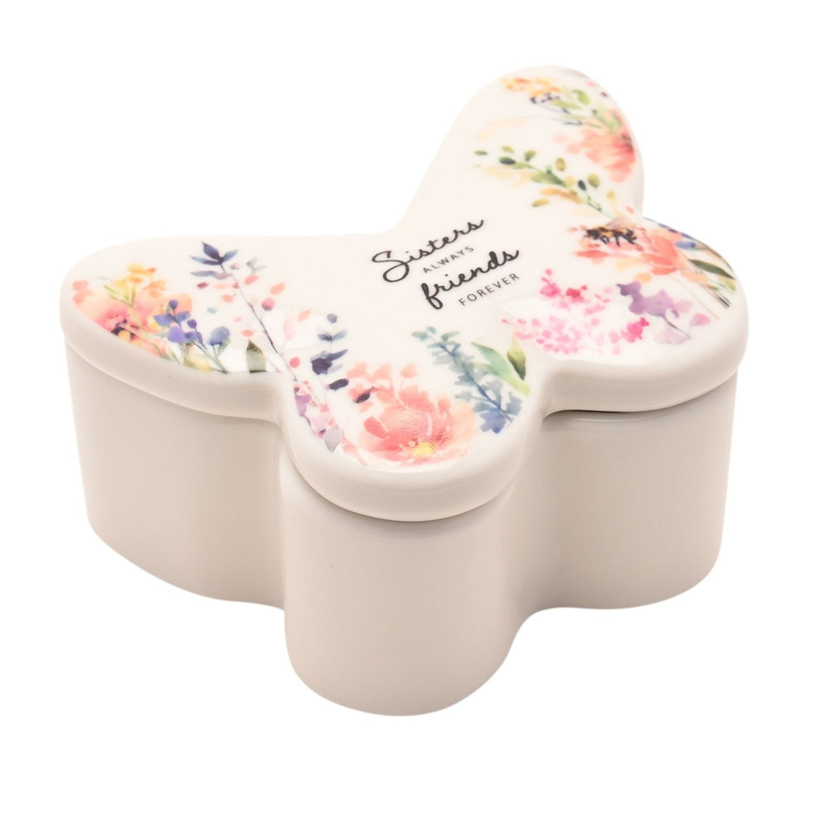 White butterfly-shaped glass trinket box with lift-off lid, printed with watercolour garden flowers and a bee, reading "Sisters ALWAYS friends FOREVER" on a plain background.