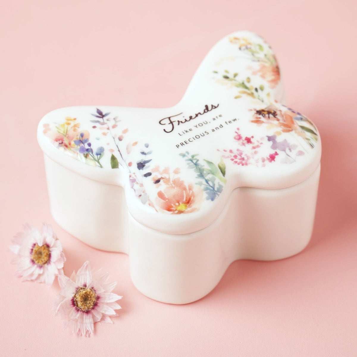 Friends Butterfly Glass Trinket Box with Floral Lid - White