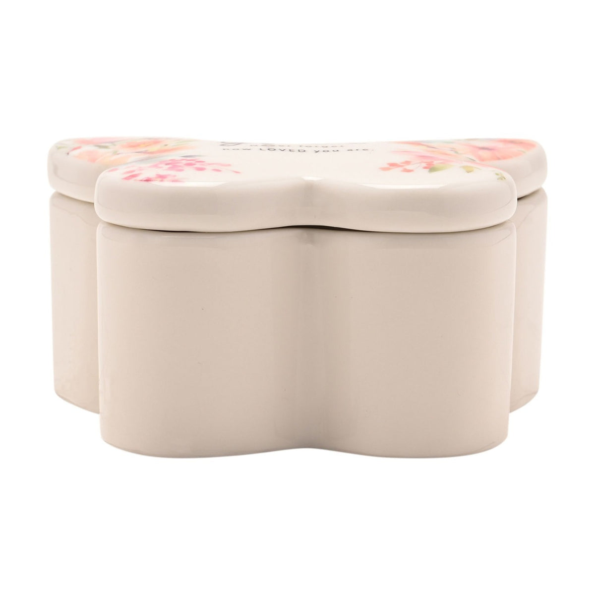White glass butterfly-shaped trinket box with lift-off lid featuring watercolour floral design and "Grandma" script, shown on a plain white background.