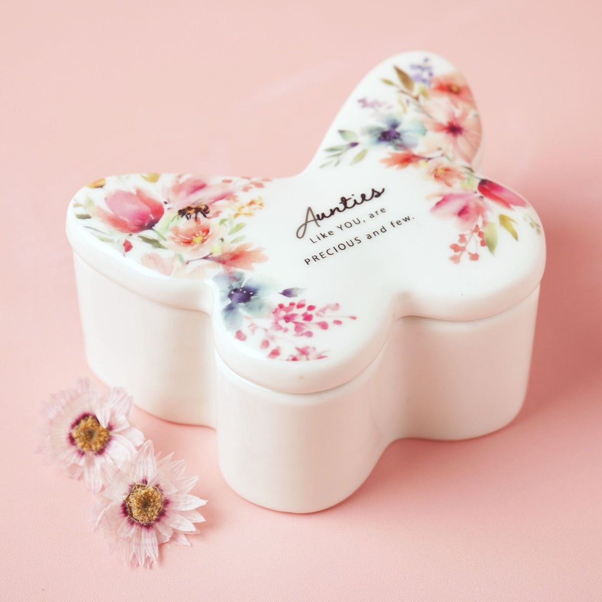 Aunties Like You Floral Butterfly Glass Trinket Box - White