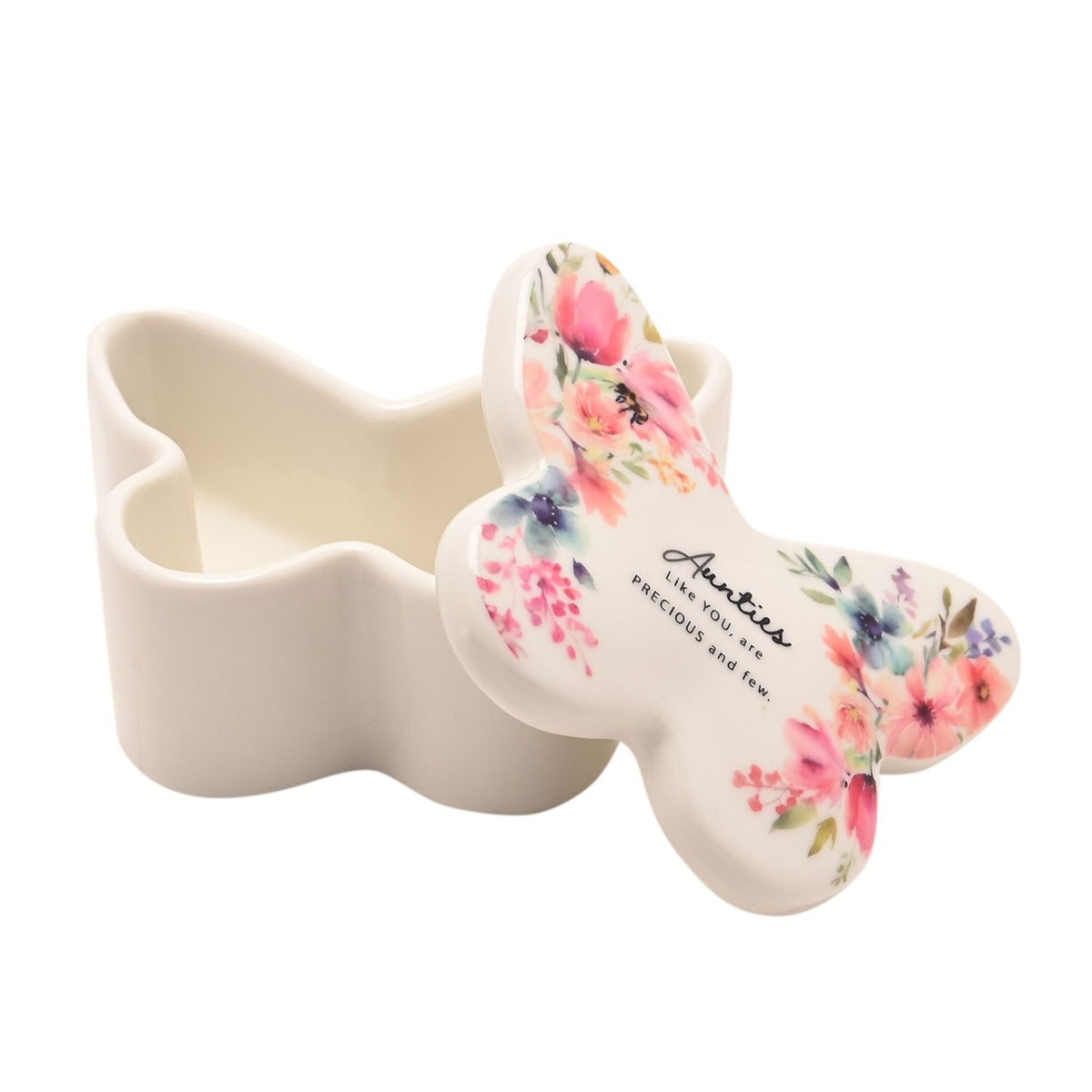 Aunties Like You Floral Butterfly Glass Trinket Box - White