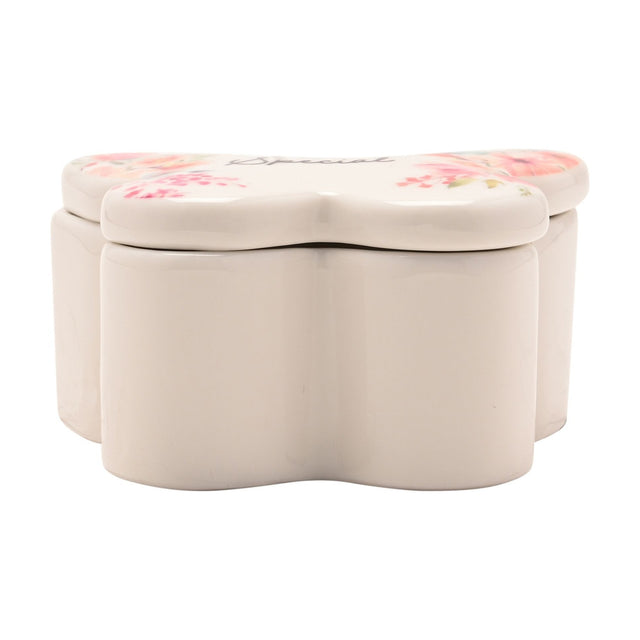 White glass butterfly-shaped trinket box with floral watercolour print and "Special" script on the lid, plain smooth white base, shown on a white background.