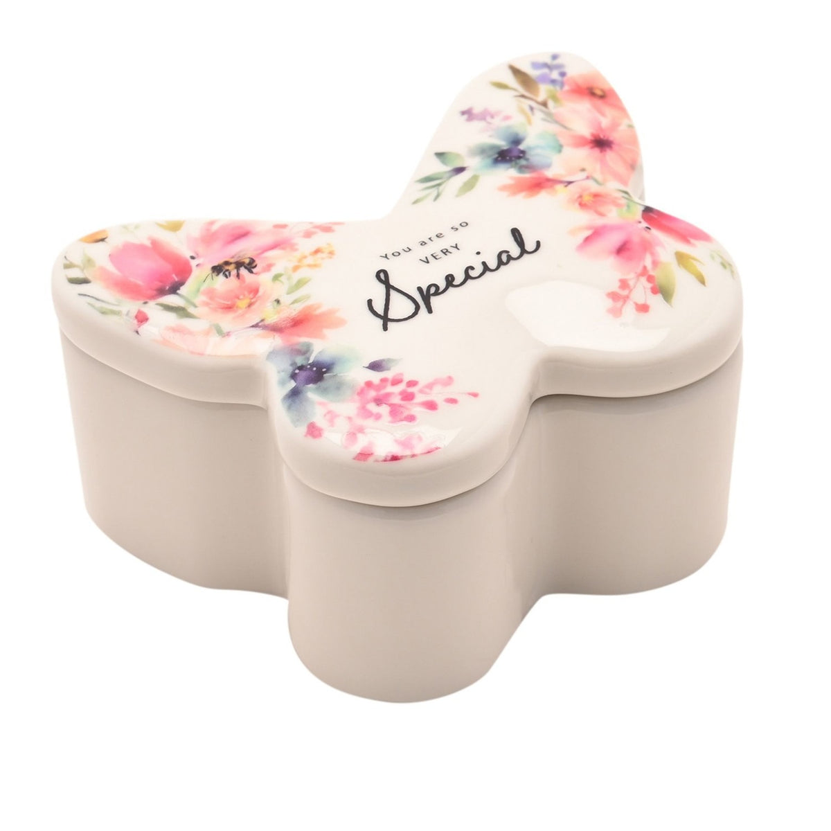 White glass butterfly-shaped trinket box with watercolour floral print and "You are so VERY Special" script on the lid, plain white base, shown on a white background.