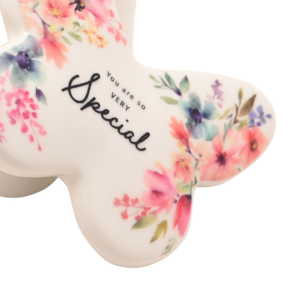 Close-up of the white glass butterfly trinket box lid with watercolour floral print and "You are so VERY Special" script, set against a plain white background.