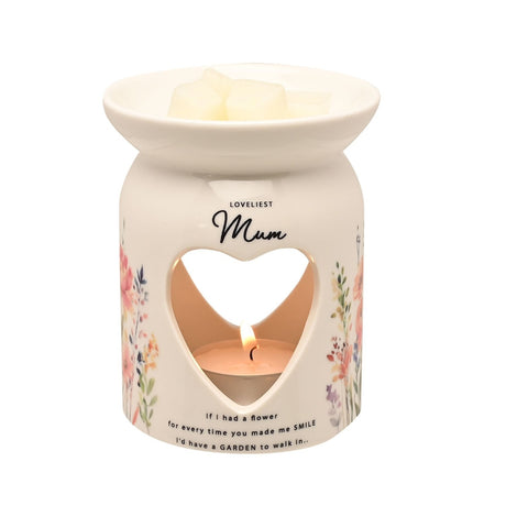 Mum Wildflower Heart Cut-Out Glass Wax Melt Burner - White