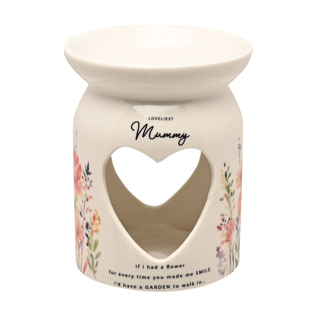 White wax melt burner with glazed finish, heart cut-out front, wildflower print, "Loveliest Mummy" text and verse, on a plain white background.