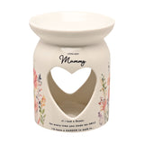 White wax melt burner with glazed finish, heart cut-out front, wildflower print, "Loveliest Mummy" text and verse, on a plain white background.