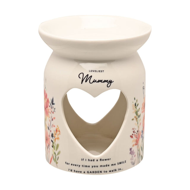 White wax melt burner with glazed finish, heart cut-out front, wildflower print, "Loveliest Mummy" text and verse, on a plain white background.
