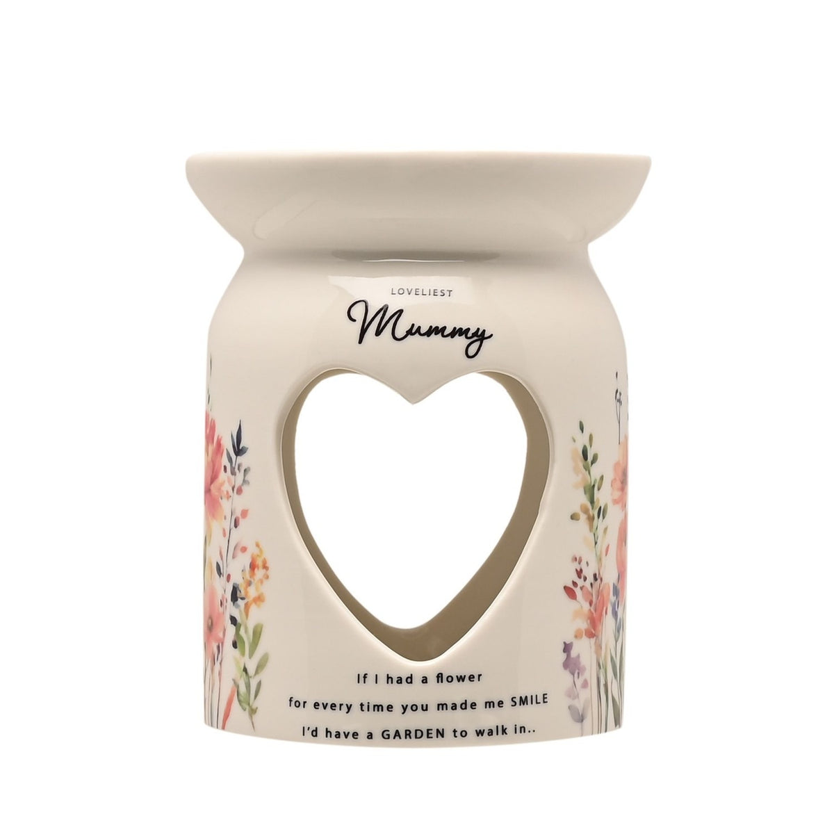 White glass wax melt burner with heart cut-out, printed wildflowers, "Loveliest Mummy" text and a sentimental verse, shown on a plain white background.