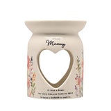 White glass wax melt burner with heart cut-out, printed wildflowers, "Loveliest Mummy" text and a sentimental verse, shown on a plain white background.