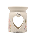 White glass wax melt burner with a heart-shaped cut-out, "So Very Lovely" script, floral verse text, and pink, coral and lilac watercolour wildflowers on a plain background.