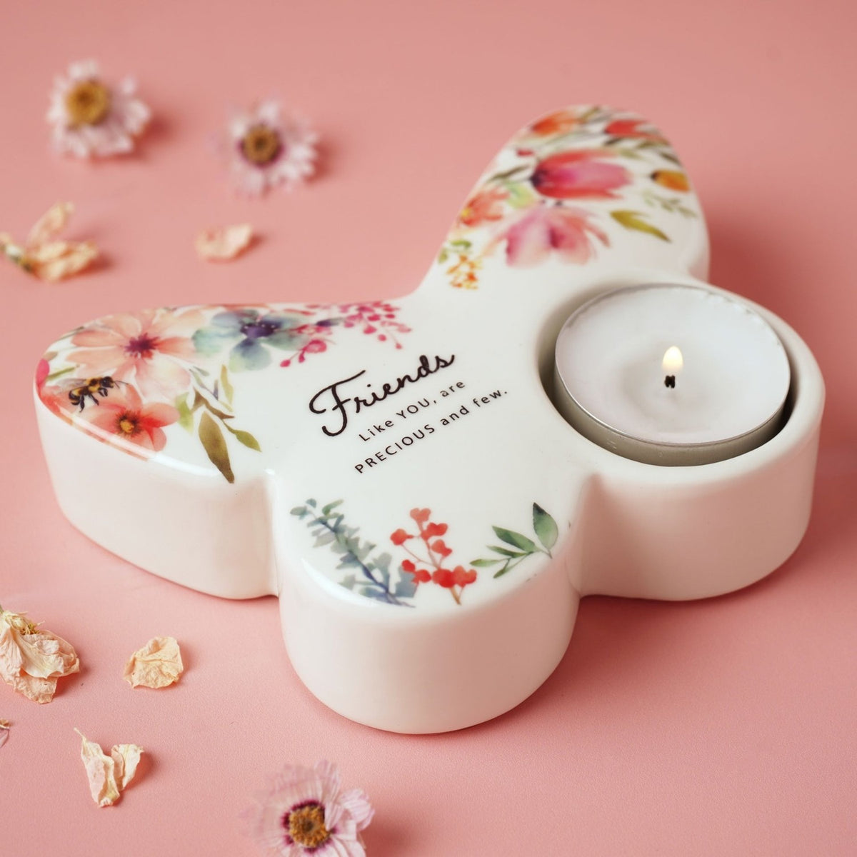 Friends Quote Butterfly Glass Tealight Candle Holder - White