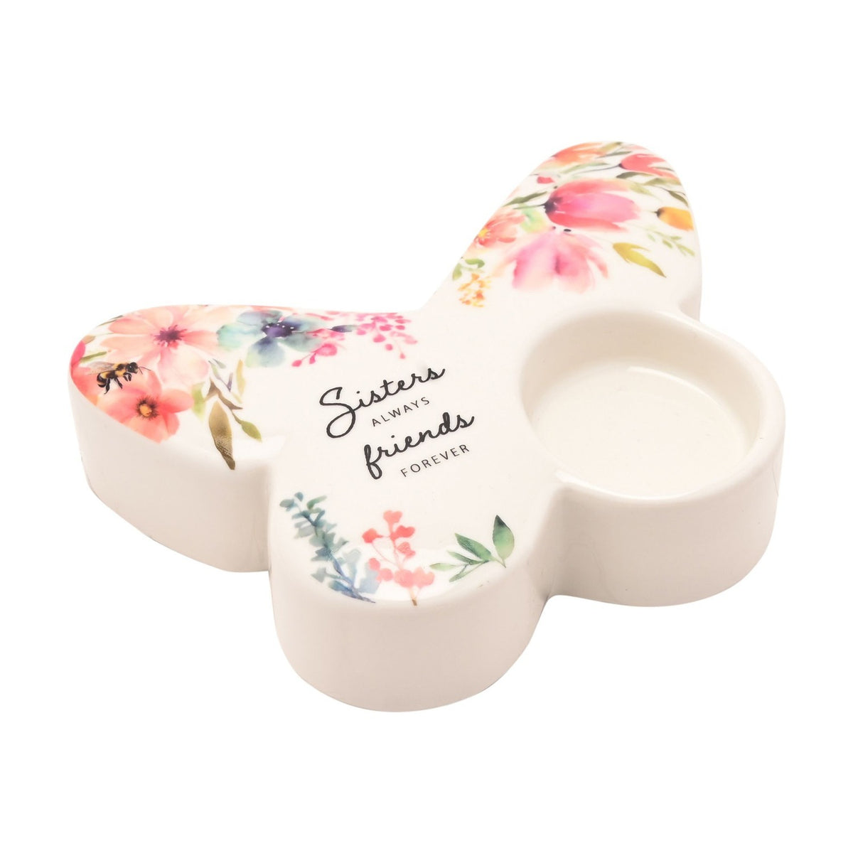 Sisters Floral Butterfly Glass Tealight Candle Holder - White